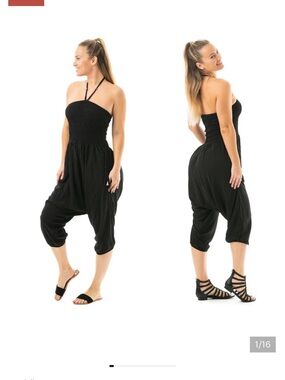 Key West Convertible Romper Black Smocked Halter Harem Buddha Pants Jumpsuit